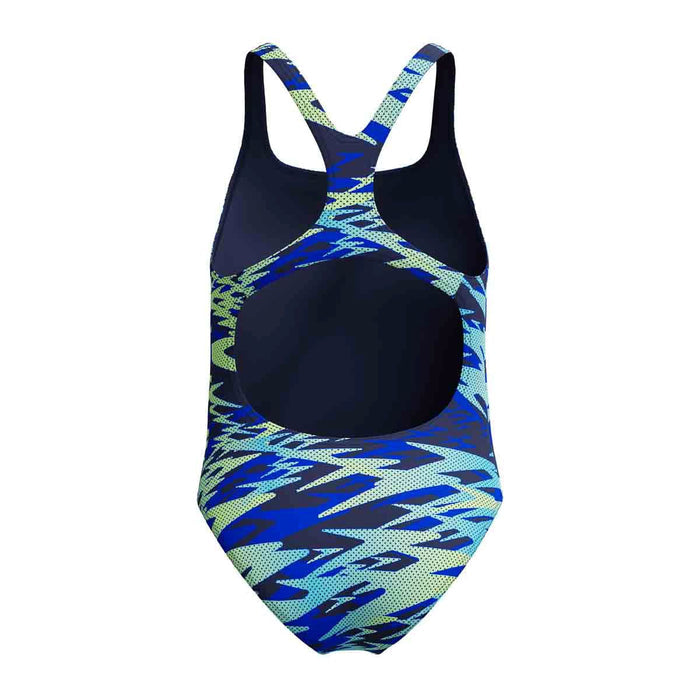 Speedo girls HyperBoom print Medalist swimsuit in peacoat, featuring vibrant swimwear design for young swimmers.