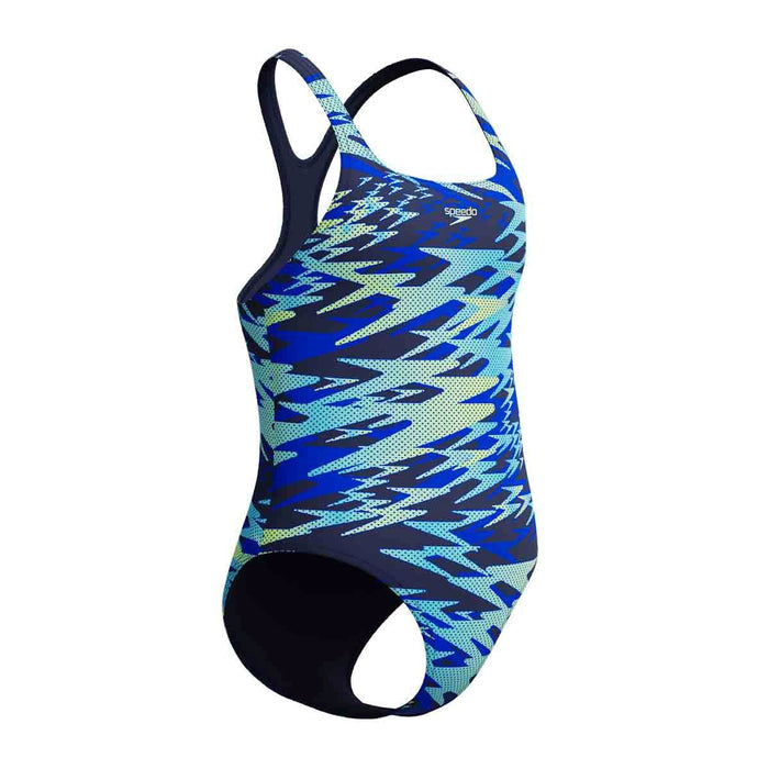 Speedo girls' HyperBoom print Medalist swimsuit in peacoat color, featuring colorful swimwear design and comfortable fit for young swimmers.