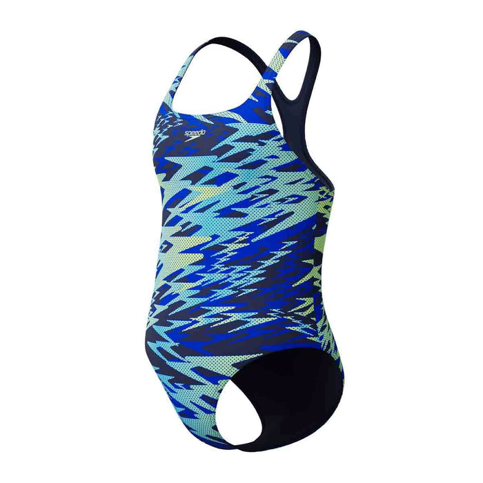 Speedo girls' HyperBoom print Medalist swimsuit in peacoat blue, featuring a vibrant swimwear design for young swimmers.