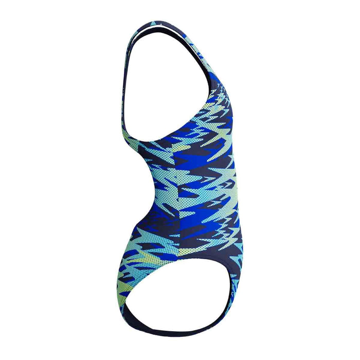 Speedo girls' HyperBoom print Medalist swimsuit in peacoat with colorful design, suitable for young swimmers.