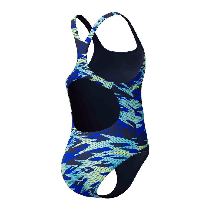 Speedo girls' HyperBoom print Medalist swimsuit in peacoat, featuring a vibrant design for young swimmers.