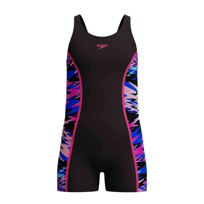 Speedo girls' HyperBoom Splice muscleback legsuit in anthracite and margarita pink, designed for swimming and active water sports.