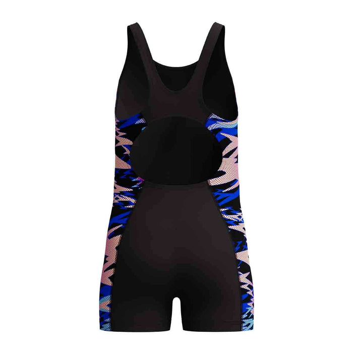 Speedo girls' HyperBoom Splice muscleback legsuit in anthracite and Margarita Pink, featuring a sporty swimwear design for young swimmers.