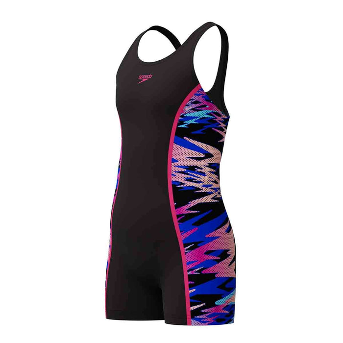Speedo girls' HyperBoom Splice muscleback legsuit in anthracite and margarita pink, featuring a sleek, sporty design for young swimmers.