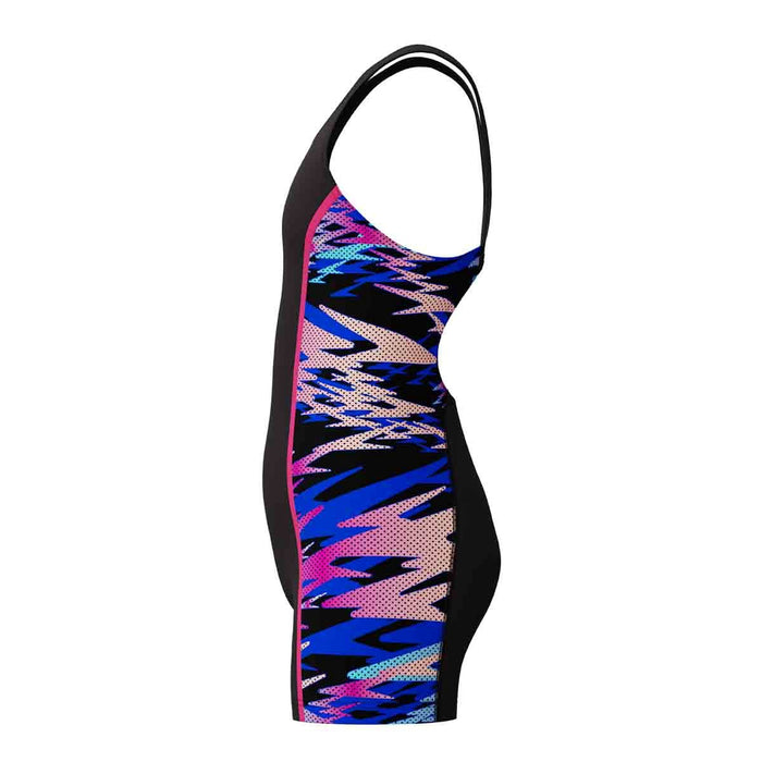 Speedo girls HyperBoom Splice muscleback legsuit in anthracite and margarita pink, designed for swimming and active water sports.