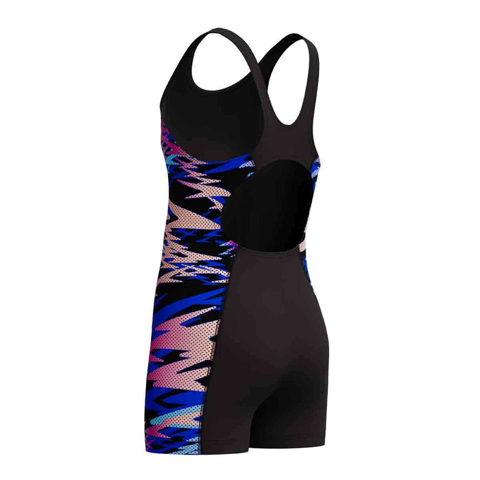 Speedo girls' HyperBoom Splice muscleback legsuit in anthracite and margarita pink, designed for swimming and active water sports.