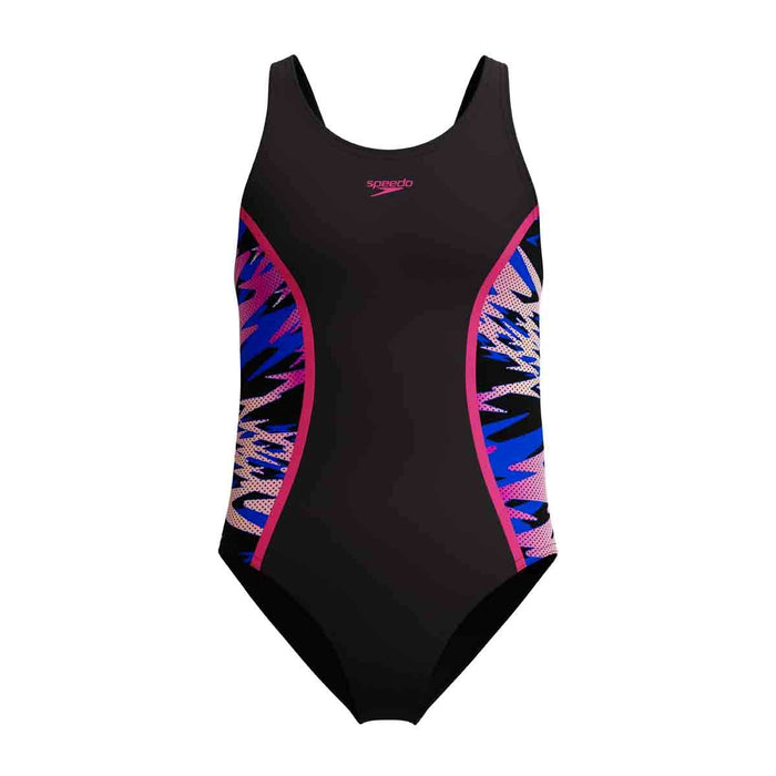 Speedo Girls HyperBoom Splice Muscleback Swimsuit in anthracite and margarita pink, featuring a sleek design and athletic fit.