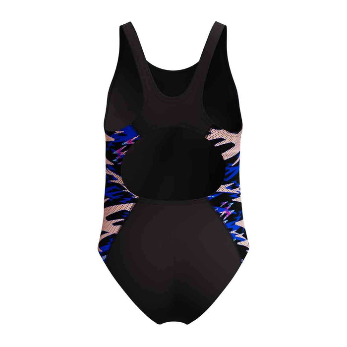 Speedo girls HyperBoom Splice Muscleback swimsuit in anthracite and margarita pink, featuring a sleek, sporty design for swimming.