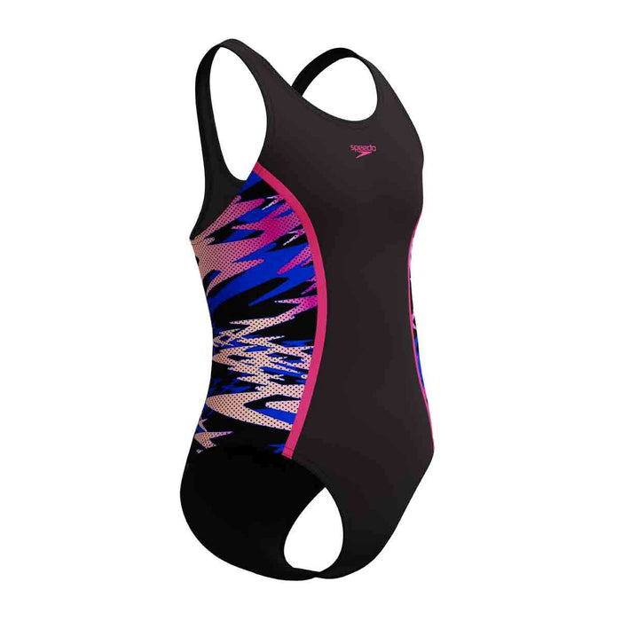 Speedo girls' HyperBoom Splice muscleback swimsuit in anthracite and margarita pink, featuring a stylish, athletic design.