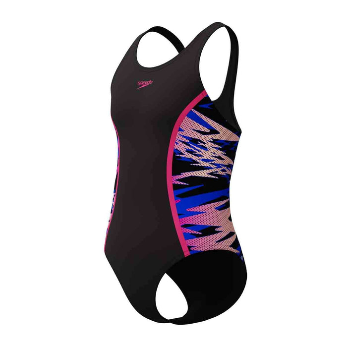Speedo girls' HyperBoom Splice muscleback swimsuit in anthracite and Margarita Pink, designed for active swimming.