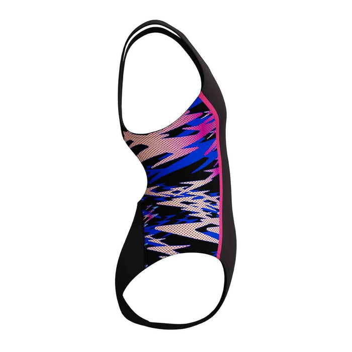 Speedo girls' HyperBoom Splice muscleback swimsuit in anthracite and margarita pink, featuring a sporty design for swimming.