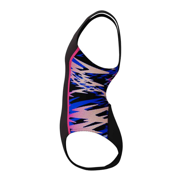 Speedo girls' HyperBoom Splice muscleback swimsuit in anthracite and margarita pink, designed for active swimming.
