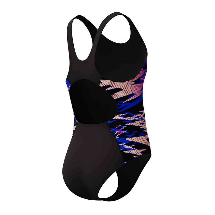 Speedo girls' HyperBoom Splice muscleback swimsuit in anthracite and margarita pink, featuring a sleek design and vibrant color blocks.