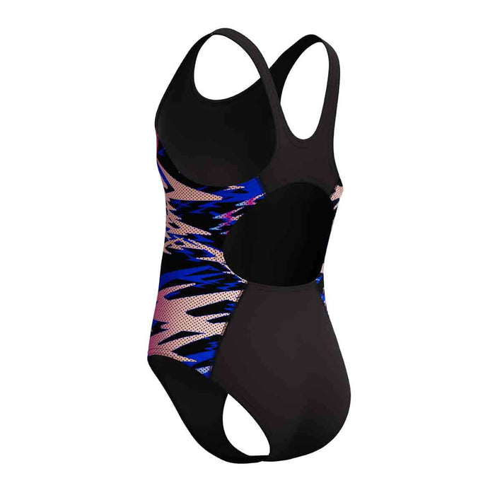 Speedo Girls HyperBoom Splice Muscleback Swimsuit in anthracite and margarita pink, featuring a sleek design for young swimmers.