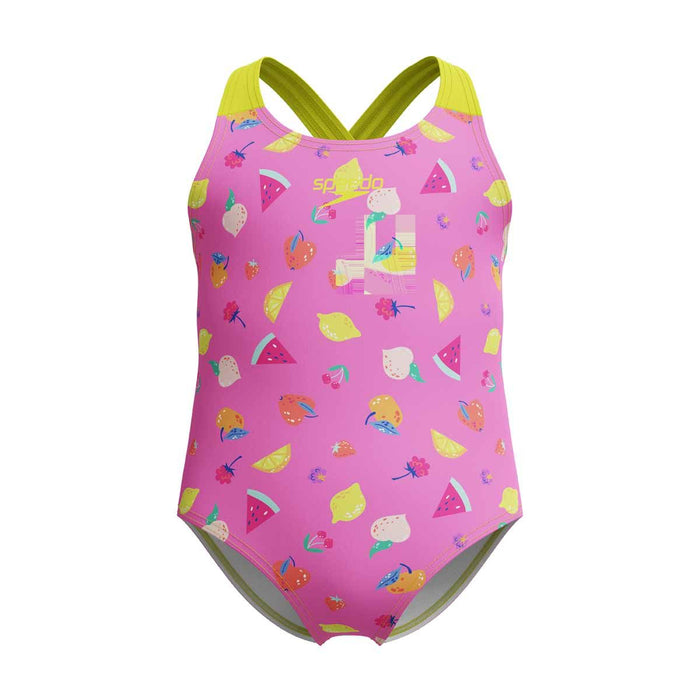 Speedo girls' printed crossback 1-piece swimsuit in neon flamingo with colorful tropical design, perfect for swimming.