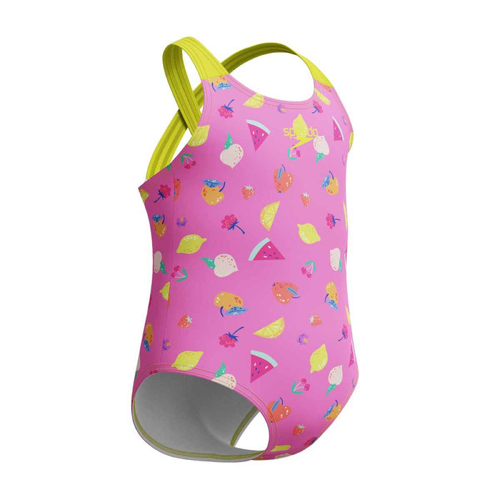 Speedo girls' printed crossback 1-piece swimsuit in neon flamingo with vibrant floral design, ideal for young swimmers.