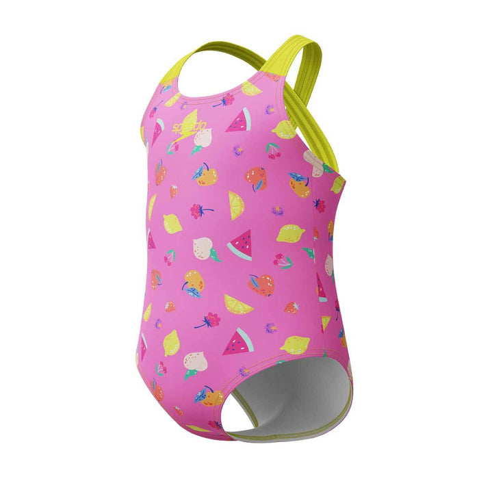 Speedo girls' neon flamingo printed crossback one-piece swimsuit, colorful design with adjustable straps for swimming and play.