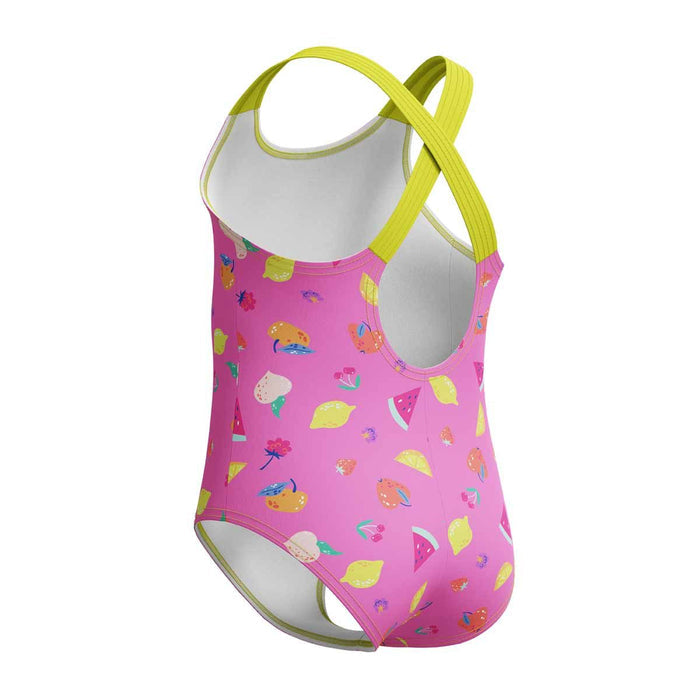 Speedo girls' printed crossback 1-piece swimsuit with neon flamingo design, perfect for young swimmers.