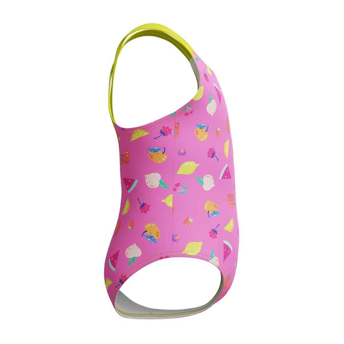 Speedo girls' printed crossback 1-piece swimsuit featuring neon flamingo design, ideal for swimming and beach activities.