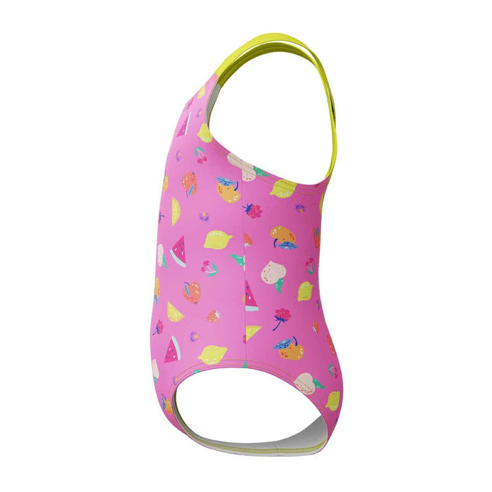Speedo girls' printed neon flamingo crossback 1-piece swimsuit, colorful design, suitable for swimming and beach activities.