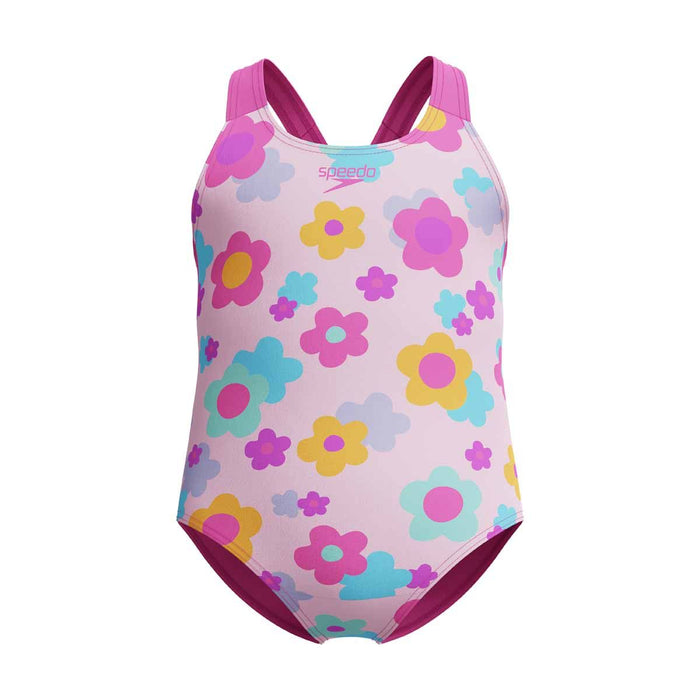 Speedo girls' printed neon flamingo racerback 1-piece swimsuit, colorful design, suitable for young swimmers.