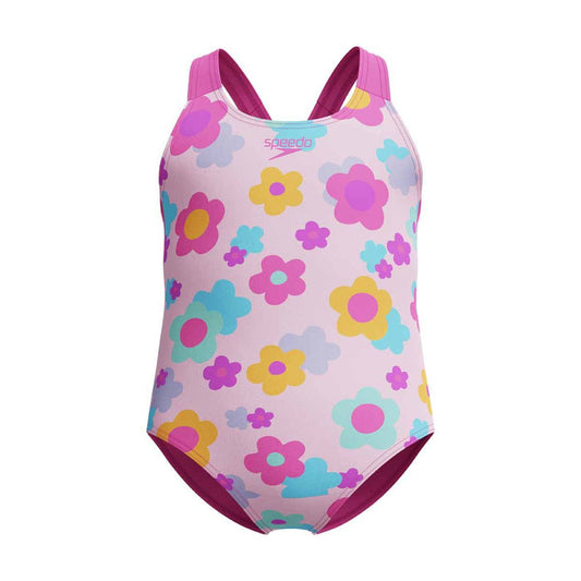 Speedo girls' printed neon flamingo racerback 1-piece swimsuit, colorful design, suitable for young swimmers.