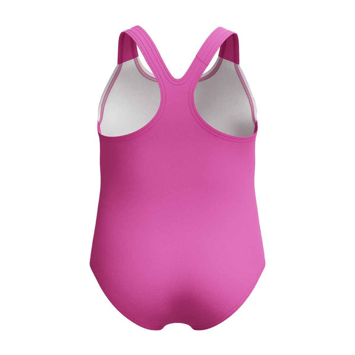Speedo girls' neon flamingo printed racerback one-piece swimsuit for kids, featuring vibrant, colorful swimwear design.