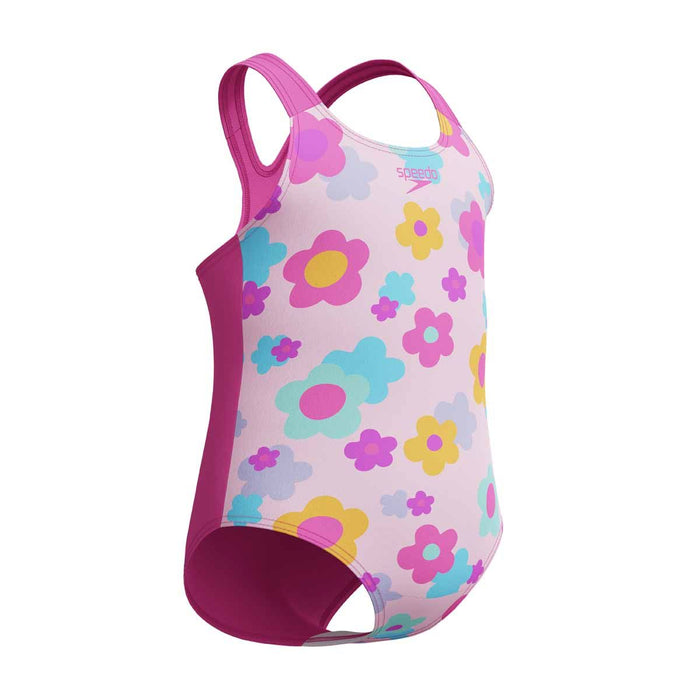 Speedo girls' printed neon flamingo racerback 1-piece swimsuit, colorful and stylish for young swimmers.