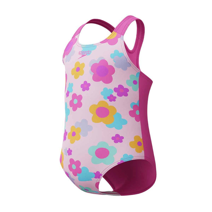 Speedo girls' printed neon flamingo racerback 1-piece swimsuit, colorful and stylish for young swimmers.