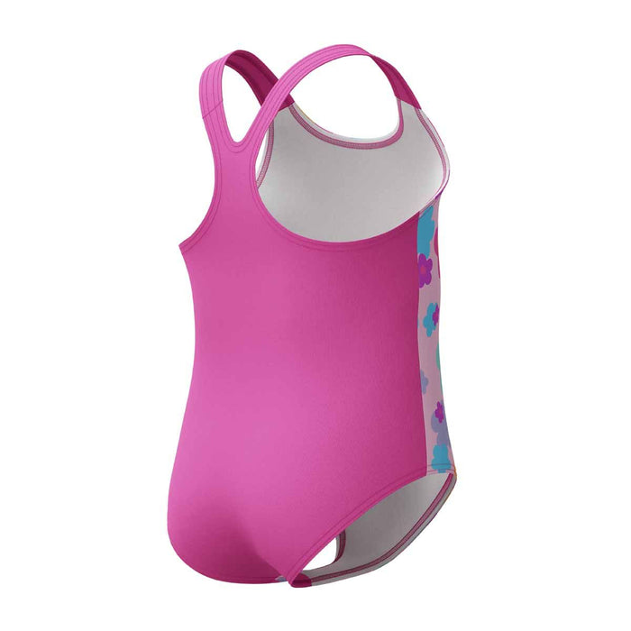 Speedo girls' neon flamingo printed racerback 1-piece swimsuit for kids, featuring colorful tropical design and comfortable fit.
