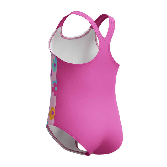 Speedo girls' printed neon flamingo racerback 1-piece swimsuit, colorful design suitable for young swimmers.