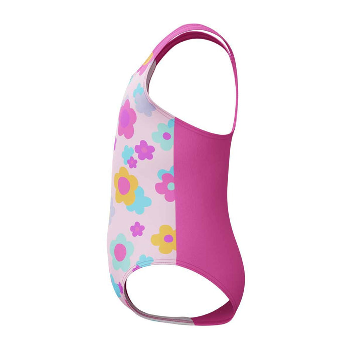 Speedo girls' printed racerback 1-piece swimsuit featuring neon flamingo design, perfect for swimming and beach fun.