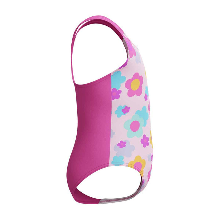 Speedo girls' printed neon flamingo racerback 1-piece swimsuit, colorful and stylish for young swimmers.