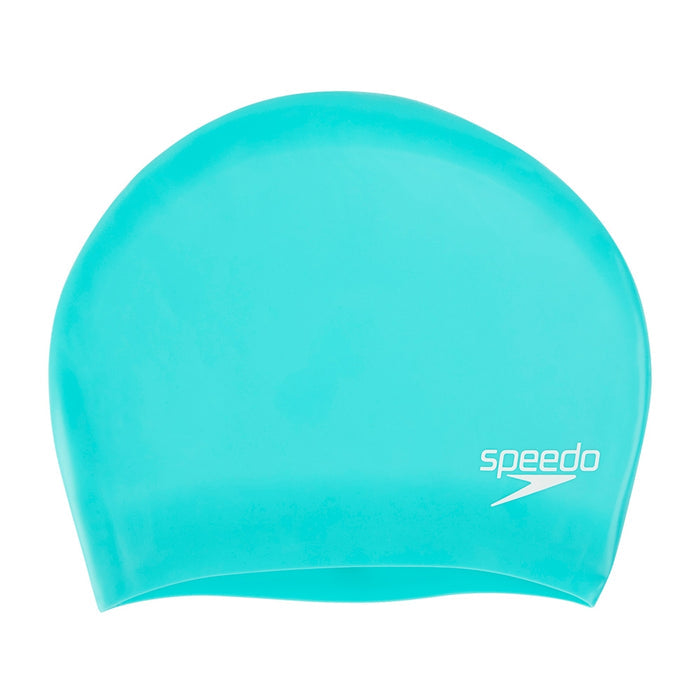 Green Speedo long hair swimming cap, made of durable swim hat material, designed for comfortable fit for long hair swimmers.