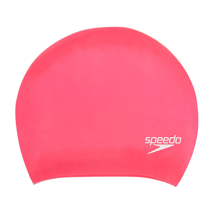 Pink Speedo long hair swimming cap made of durable silicone, designed to fit comfortably and reduce water drag during swimming.