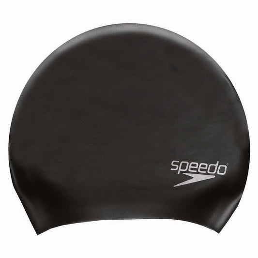 Black Speedo long hair volume swimming cap made of stretchy material, designed to keep long hair secure and dry during swimming.
