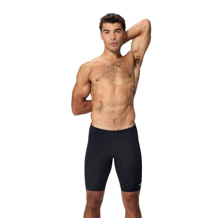 Speedo men's Endurance+ Logo Jammer in anthracite, showcasing the sleek swimwear design with the Speedo logo.