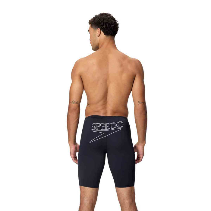 Speedo men's Endurance+ Logo Jammers in anthracite, showing sleek swimwear with Speedo branding and a fitted design.