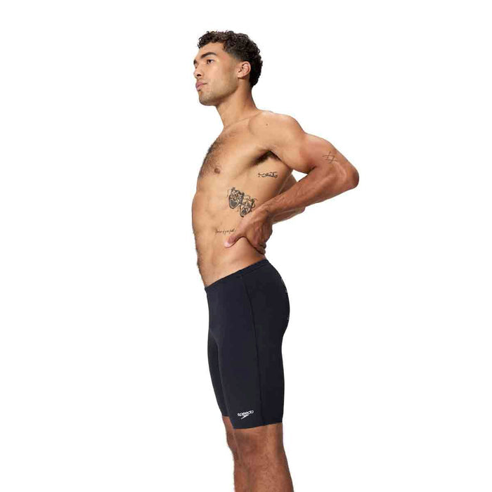 Speedo men's Endurance+ logo jammer in anthracite, close-up of sleek swim jammer with Speedo branding and fitted design