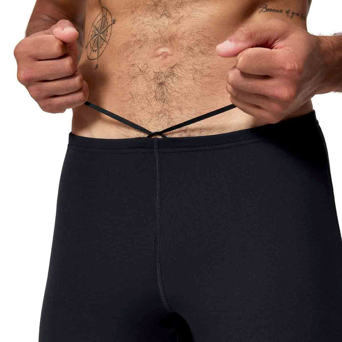 Speedo men's Endurance+ Logo Jammer in anthracite, close-up view of the swim jammer with brand logo and textured fabric.