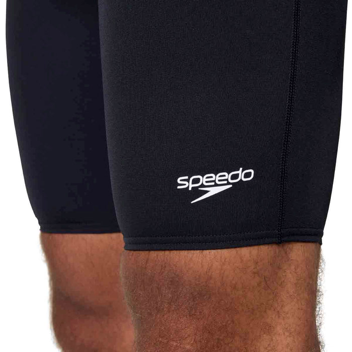 Speedo men's Endurance+ Logo Jammer in anthracite, black swim jammer with Speedo branding for competitive swimming.