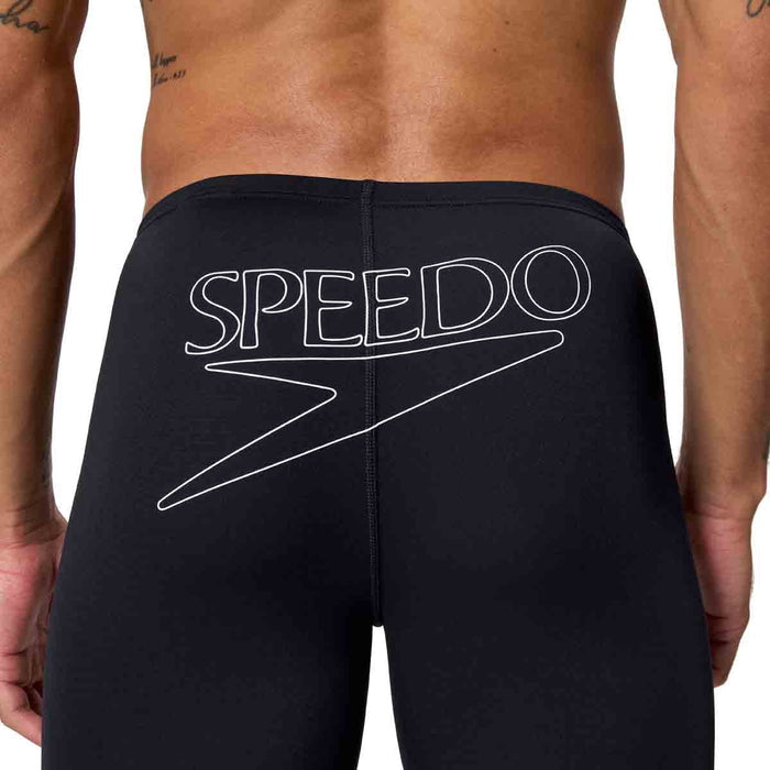 Speedo men's Endurance+ logo jammer in anthracite, close-up view showing the sleek swimwear fabric and branding.