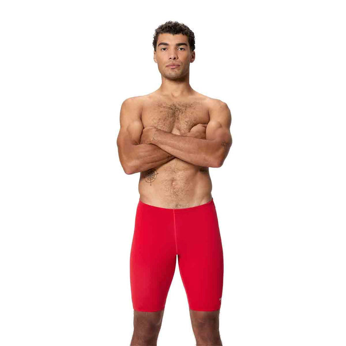 Speedo men's Endurance+ Logo Jammers in High Risk Red, showcasing red swim jammers with Speedo branding and sleek design.