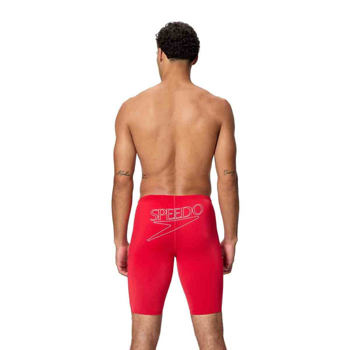 Speedo men's Endurance+ Logo Jammer in High Risk Red, close-up of red swim jammers with Speedo logo design.