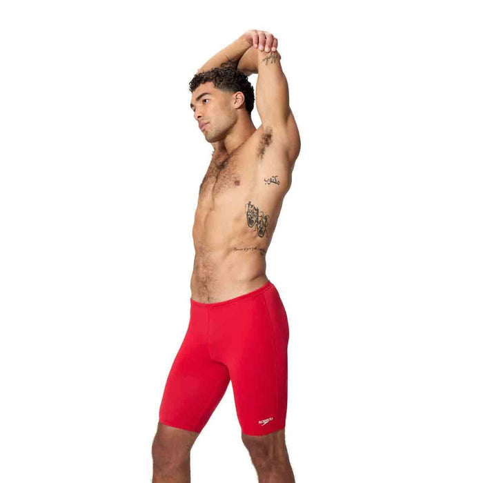 Speedo men's Endurance+ Logo Jammer in High Risk Red, close-up of the red swim jammer with Speedo branding and logo details.