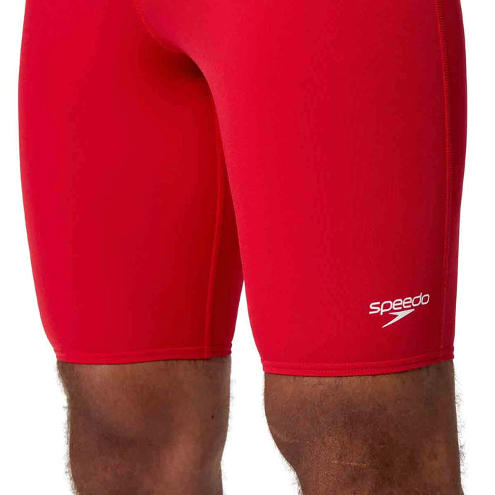 Speedo men's Endurance+ logo jammer in high risk red, featuring a sleek design and elastic waistband for competitive swimming.