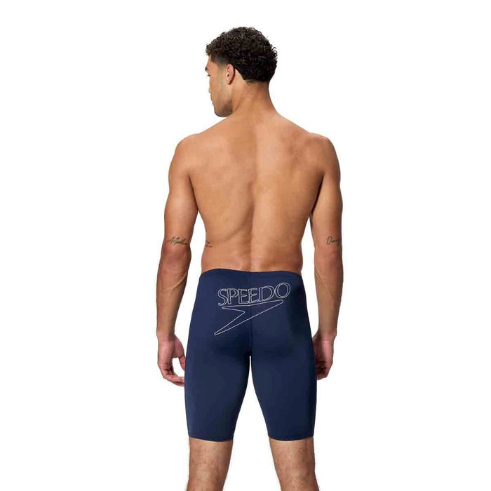 Speedo men's Endurance+ Logo Jammer in peacoat, close-up of fitted swim jammer with Speedo branding, suitable for competitive swimming.