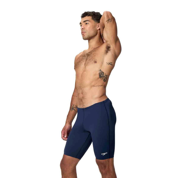 Speedo men's Endurance+ Logo Jammer in peacoat, navy swim jammer with Speedo branding, designed for competitive swimming.