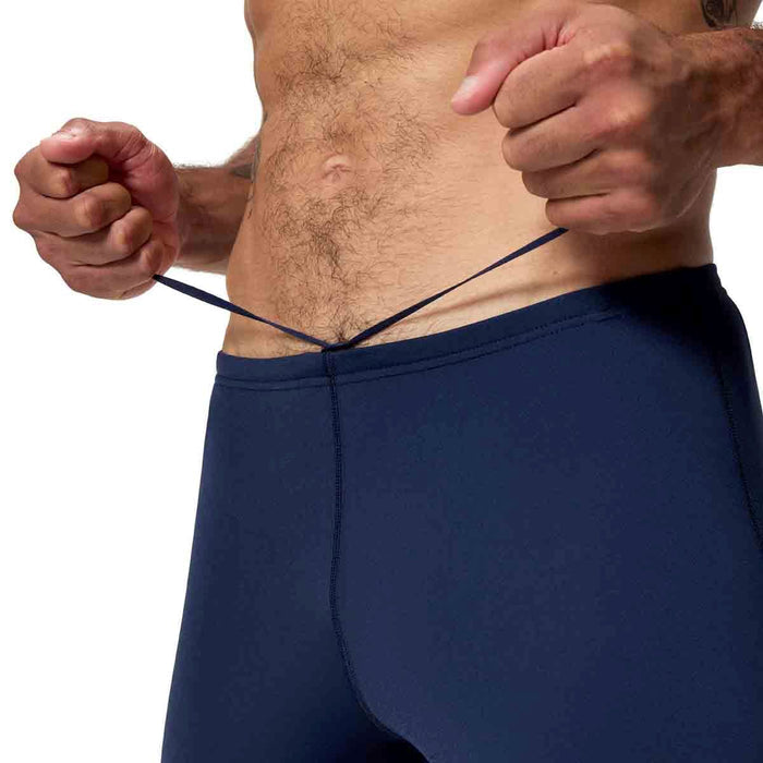 Speedo men's Endurance+ logo jammer in peacoat, featuring a sleek fit and Speedo branding for competitive swimming.