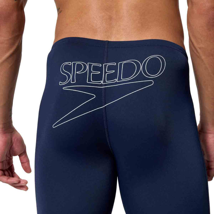 Speedo men's Endurance+ logo jammer in peacoat blue, featuring a sleek design and Speedo branding for competitive swimming.